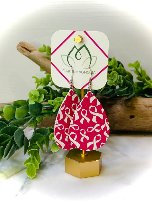 Breast Cancer Awareness Faux Leather Pink Ribbon Earrings