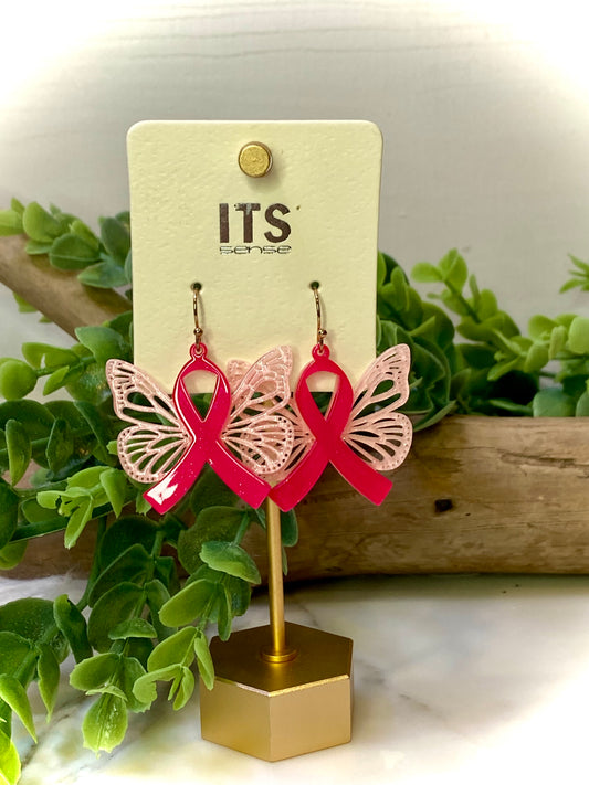 Pink Ribbon & Butterfly Wings Earrings