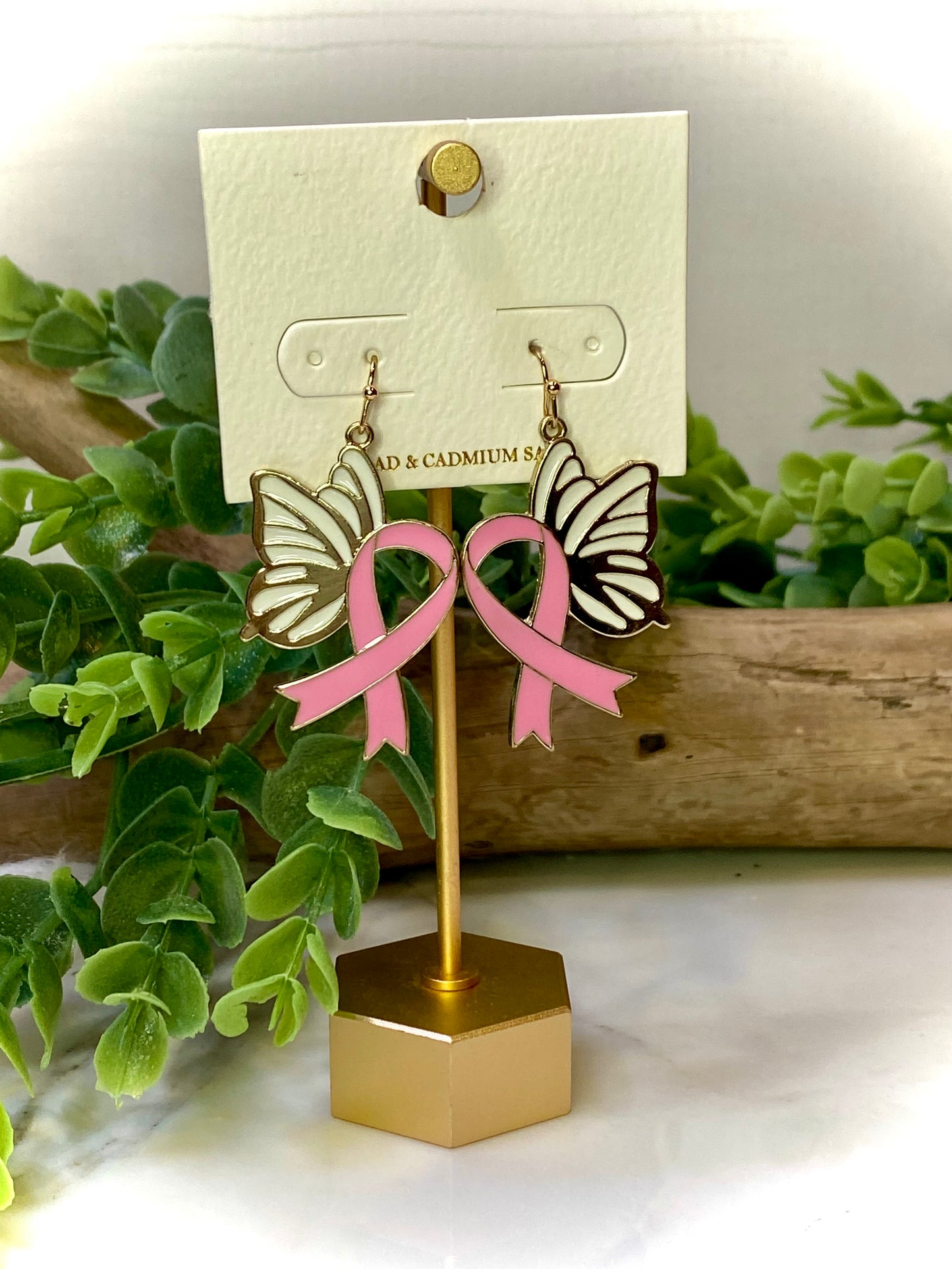 Pink Ribbon Butterfly Earrings