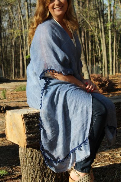 Blue Sparkle Kimono with Pom Trim