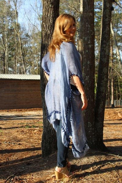 Blue Sparkle Kimono with Pom Trim