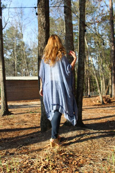 Blue Sparkle Kimono with Pom Trim