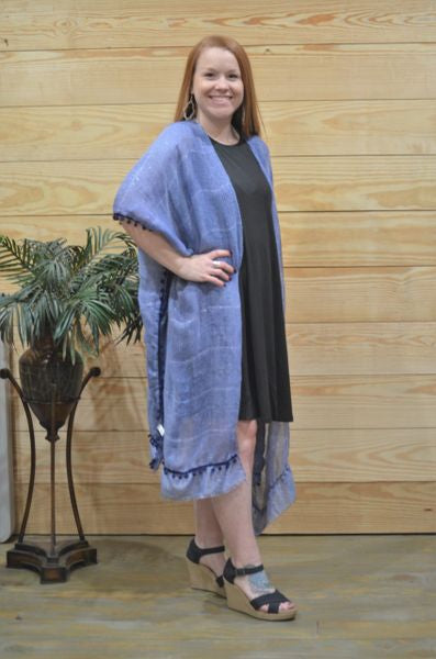 Blue Sparkle Kimono with Pom Trim