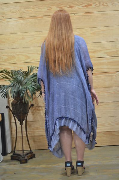 Blue Sparkle Kimono with Pom Trim