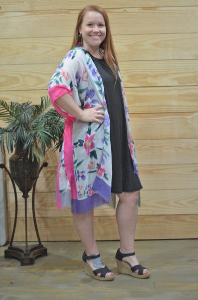 Floral Pattern Side Slit Long Kimono