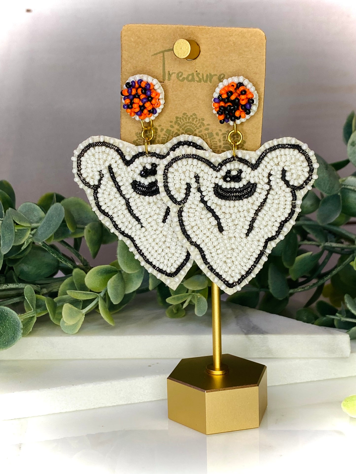 Seed Bead Halloween Flying Ghost Earrings