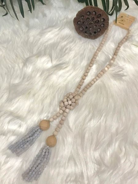 Glass Bead Tassel & Wood Bead Necklace