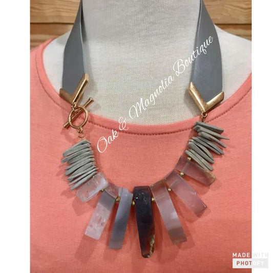 Grey Faux Leather Semi Precious Stone Bib Necklace