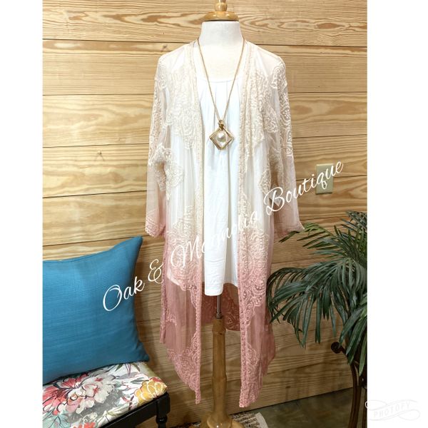 Ivory & Blush Ombre Sheer Lace Embroidered Kimono