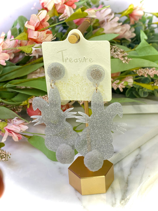Silver Acrylic Glitter Pom Tail Bunny Easter Earrings