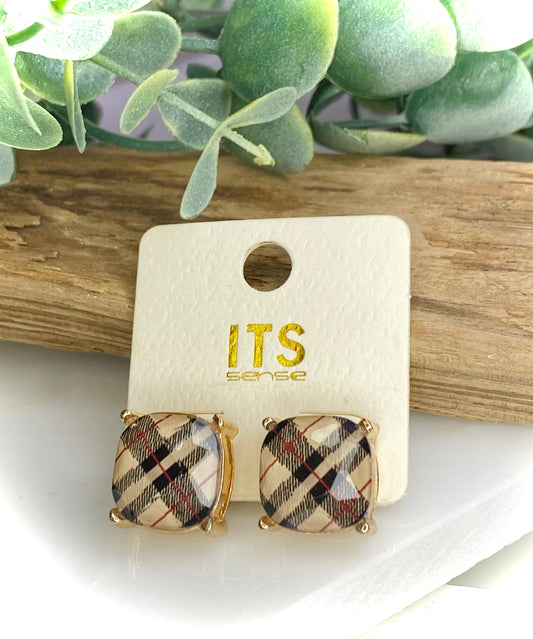 Cushion Cut Square Plaid Stud Earrings